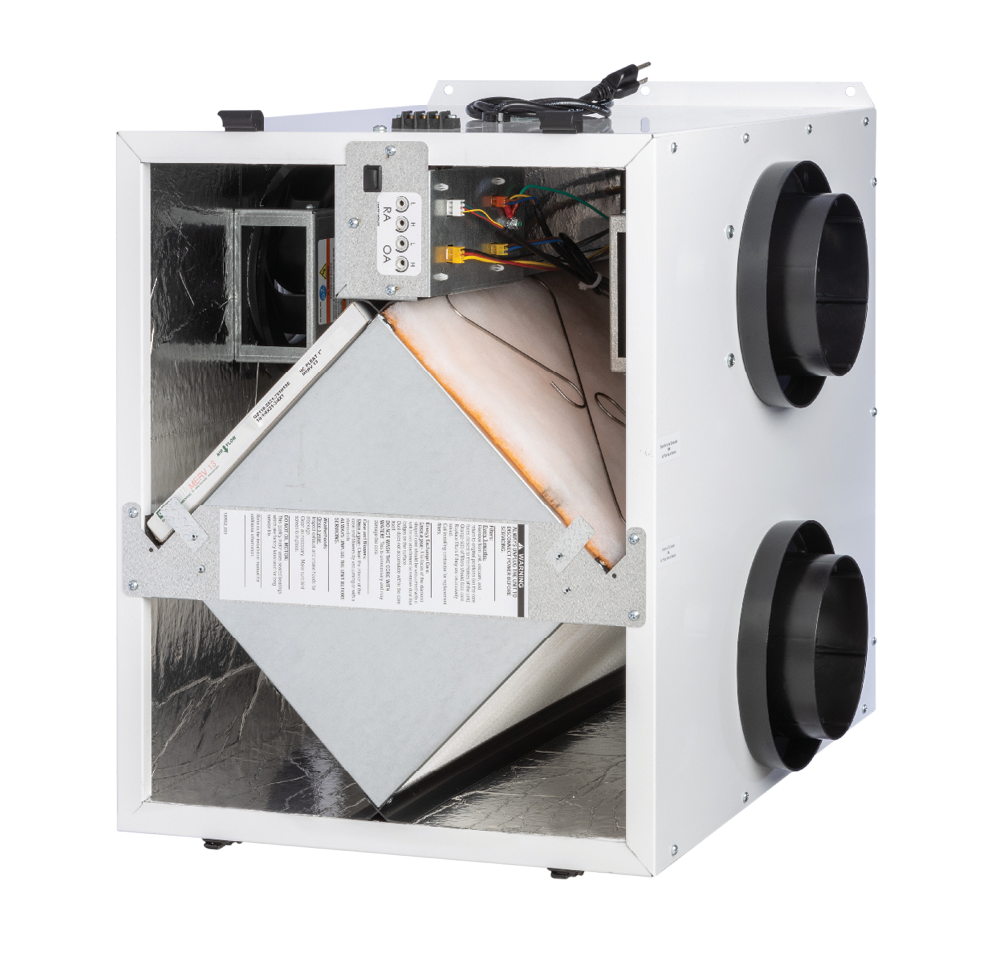 The RenewAire EV Premium L energy recovery ventilator (ERV) is designed for residential spaces. This ERV has an airflow range of 30–280 CFM.