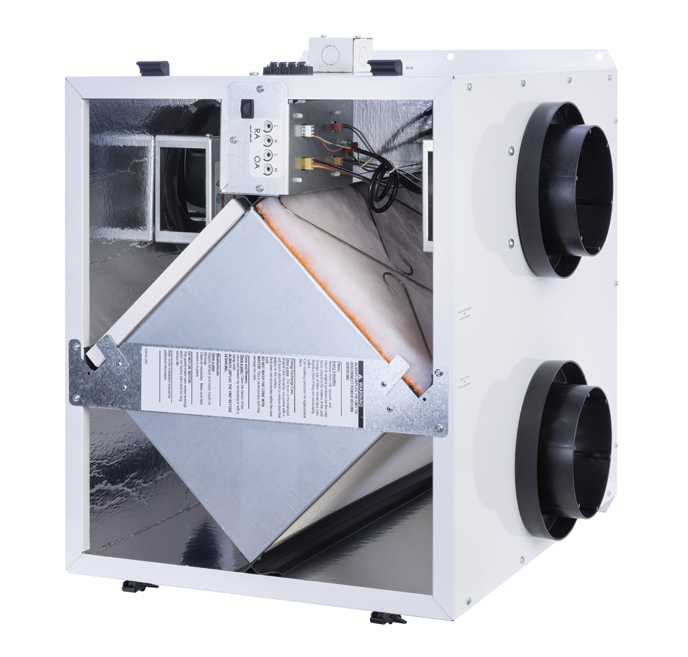 The RenewAire EV Premium LH energy recovery ventilator (ERV) is designed for residential spaces. This ERV has an airflow range of 30–280 CFM.