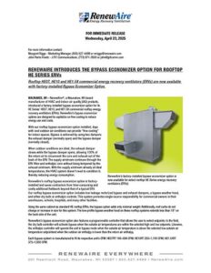 RenewAire Introduces the Bypass Economizer Option for Rooftop HE Series ERVs