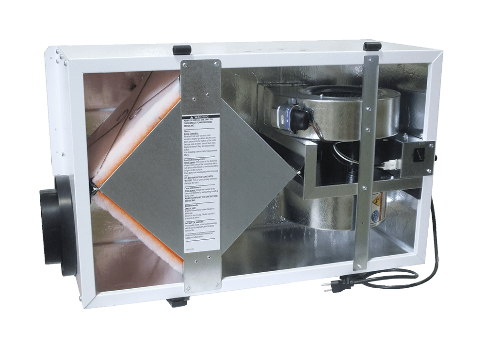 The RenewAire BR130 energy recovery ventilator (ERV) is designed for residential spaces and has an airflow range of 50–140 CFM.