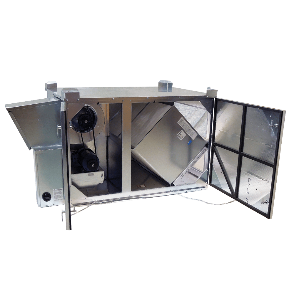 RenewAire HE2XRTC rooftop ERV (500-1 700 CFM) pour une ventilation commerciale économe en énergie. Conçu pour une connexion directe aux RTU.