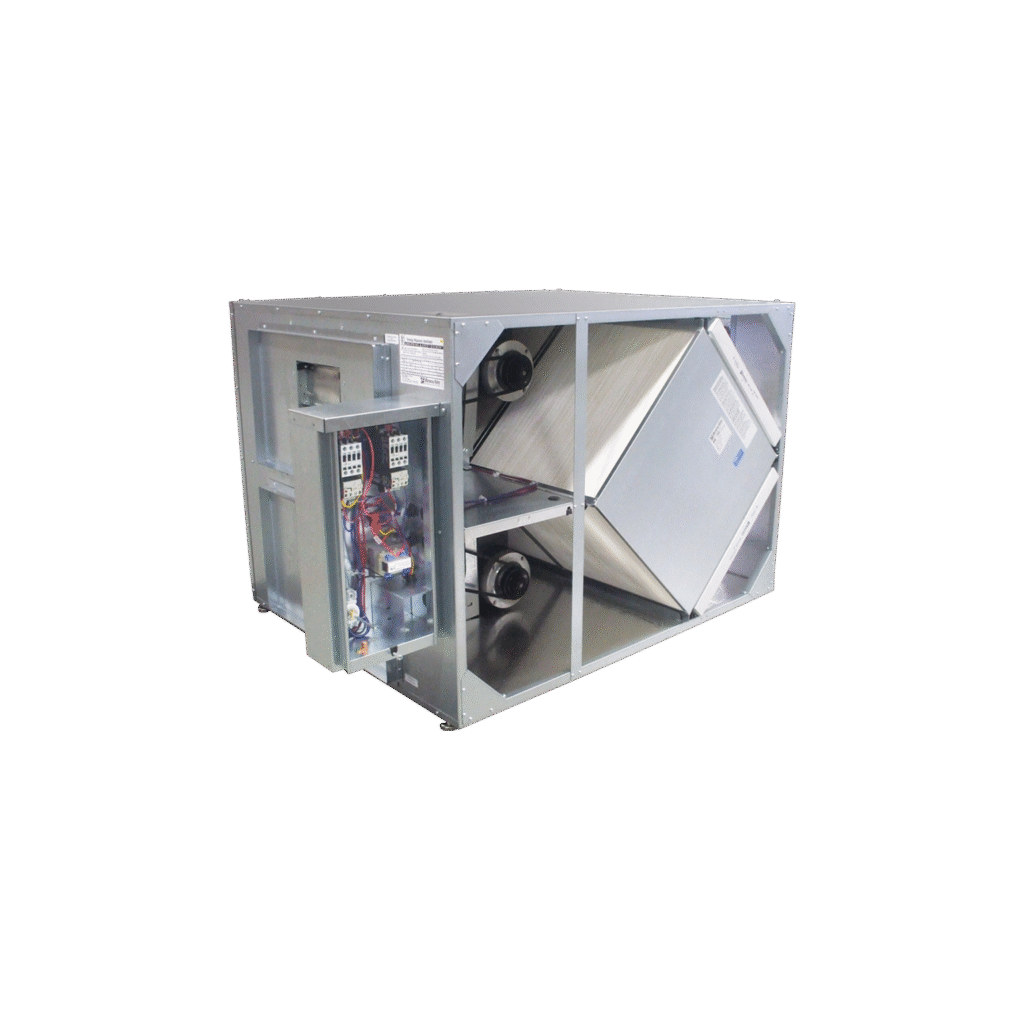 RenewAire HE2XIN ERV à haut volume, montrant les composants à vitesse variable pour l'installation à l'intérieur d'un local technique commercial.