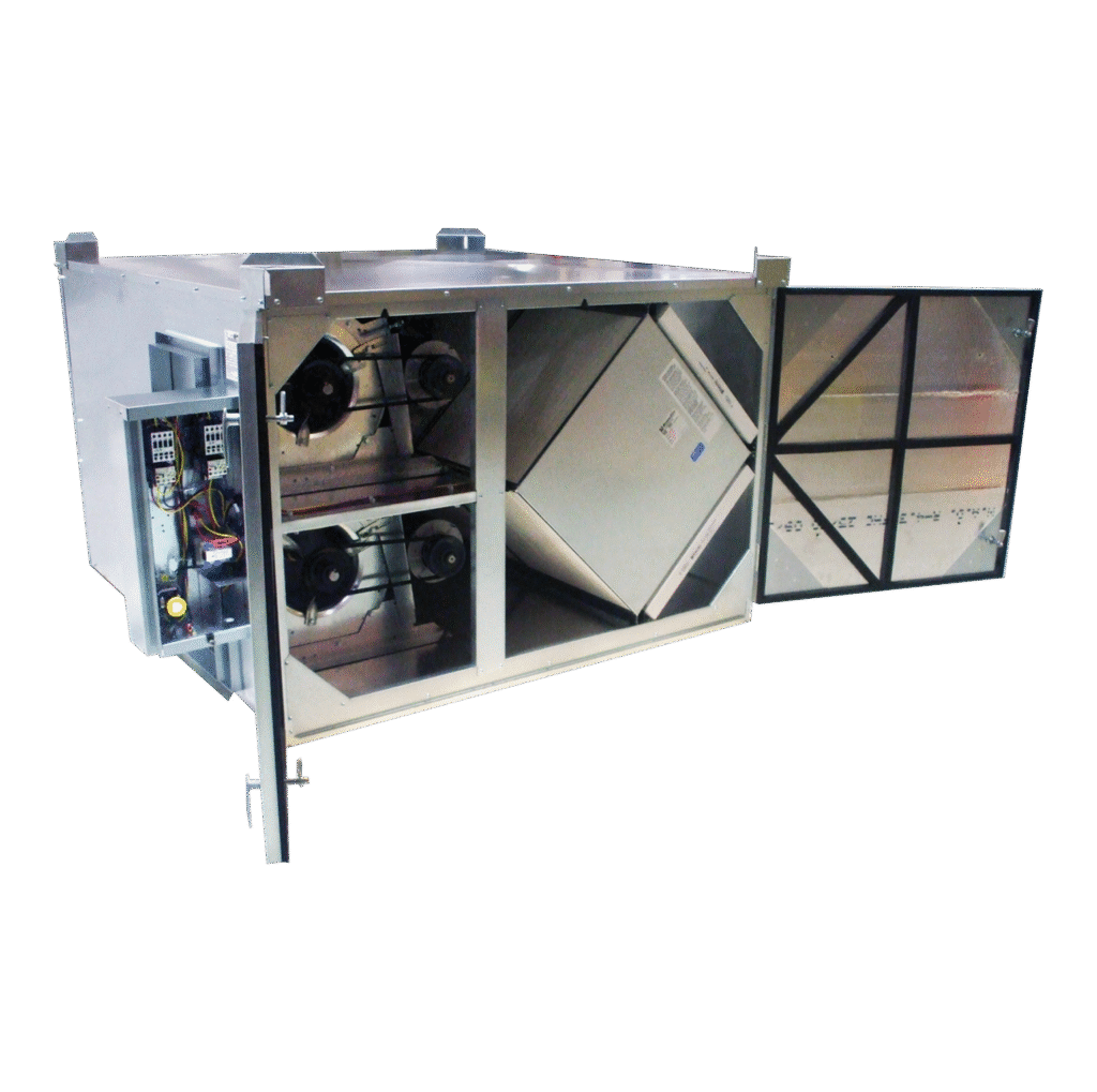 RenewAire HE3XINH, ERV intérieur à haut volume, montrant le noyau de la plaque statique accessible et les composants internes dans une armoire horizontale.