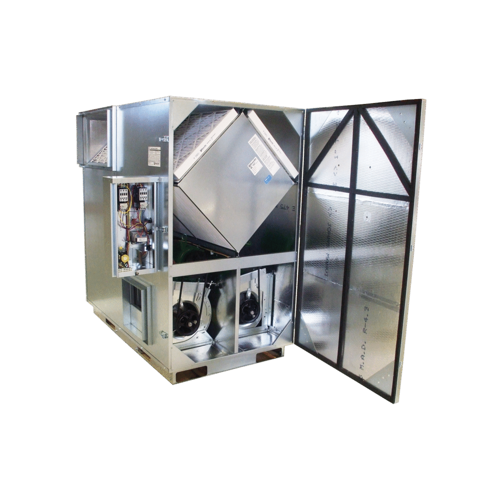 RenewAire HE3XINV est un ERV intérieur à haut volume, configuré pour une installation verticale et une QAI commerciale dans les écoles et les centres de loisirs.