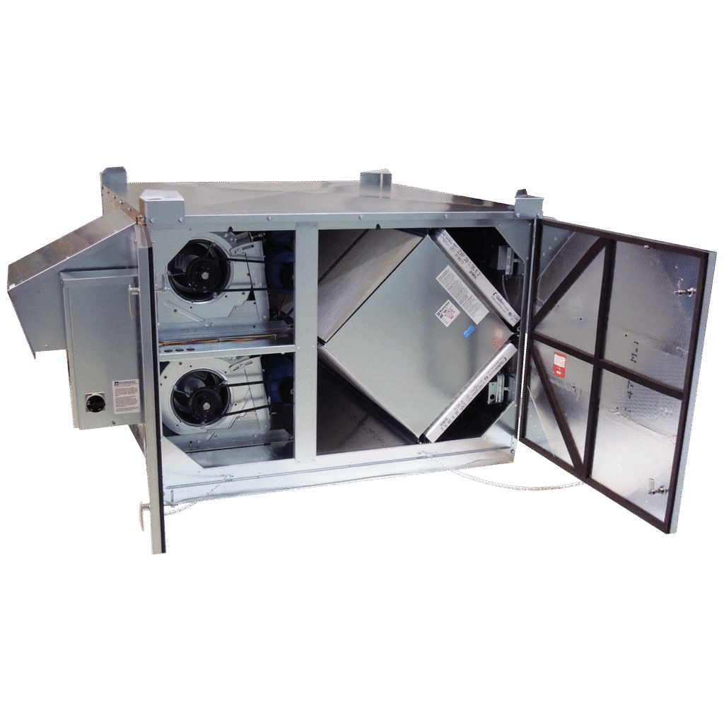 RenewAire HE3XRT high-volume commercial rooftop ERV (750–3,300 CFM) with variable speed drive and static plate core.
