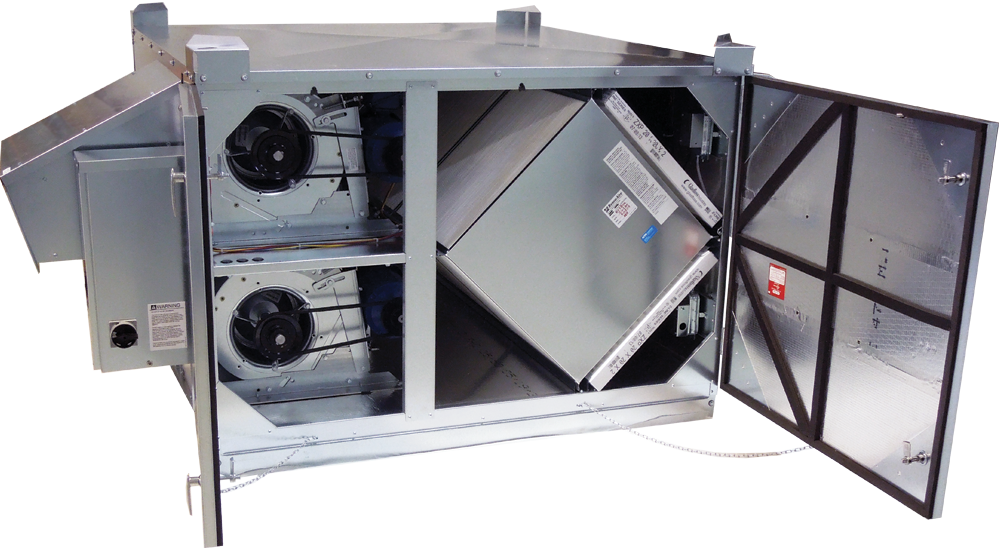 The RenewAire HE3XRT energy recovery ventilator (ERV) offers a commercial indoor air quality (IAQ) solution and provides 750-3,300 CFM. The flexibility, reliability and efficiency of the HE3XRT allow it to excel in a wide range of commercial applications, including houses of worship, schools, gymnasiums, and rest areas. The HE3XRT features three L125-G5 cores, which are cellulosic-based and don’t contain or use halogenated flame retardants or PVCs. Standard features include TEFC premium efficiency motors, motor starters, 24VAC transformer/relay package, and cross-core differential pressure ports. The unit is highly configurable. Available options and accessories include ultra-premium efficiency motors, Class 1 low leakage motorized isolation dampers, integrated programmable controls, MERV 13 filters and more.