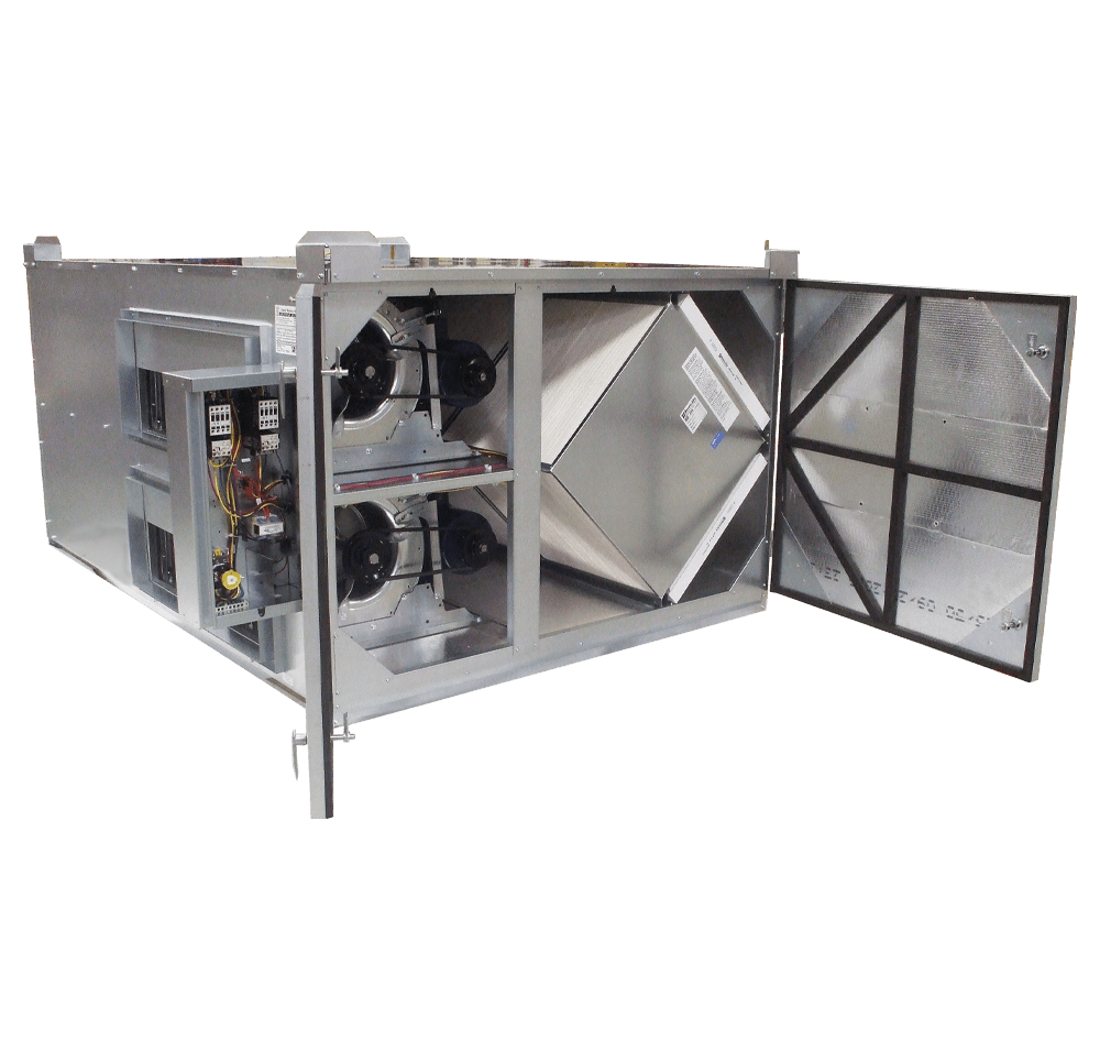 RenewAire HE4XINH high-volume indoor ERV (4,395 CFM) in a horizontal cabinet, featuring a static plate core and variable speed drive.