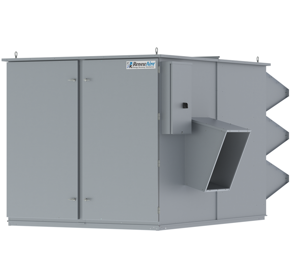 The RenewAire HE6XRT energy recovery ventilator (ERV) offers a commercial indoor air quality (IAQ) solution and provides 1,500-6,600 CFM. The flexibility, reliability and efficiency of the HE6XRT allow it to excel in a wide range of large commercial applications, including schools, hospitals, warehouses and factories. The HE6XRT features six L125-G5 cores, which are cellulosic-based and don’t contain or use halogenated flame retardants or PVCs. Standard features include TEFC premium efficiency motors, motor starters, 24VAC transformer/relay package, cross-core differential pressure ports, and neoprene vibration isolators. The unit is highly configurable. Available options and accessories include ultra-premium efficiency motors, Class 1 low leakage motorized isolation dampers, integrated programmable controls, MERV 13 filters and more.