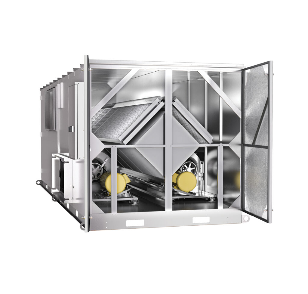 The RenewAire LE10XIN energy recovery ventilator (ERV) is designed for commercial applications and has a CFM range of 2,500–11,000. It provides the optimal solution for universities, office buildings, commercial warehouses, clinics, hospitals, and retail spaces.