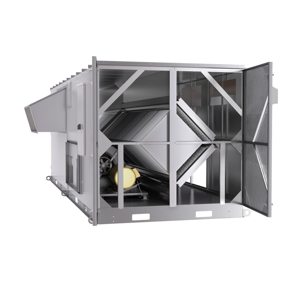 The RenewAire LE10XRT energy recovery ventilator (ERV) is designed for commercial applications and has a CFM range of 2,500–11,000. It provides the optimal solution for universities, office buildings, commercial warehouses, clinics, hospitals, and retail spaces.