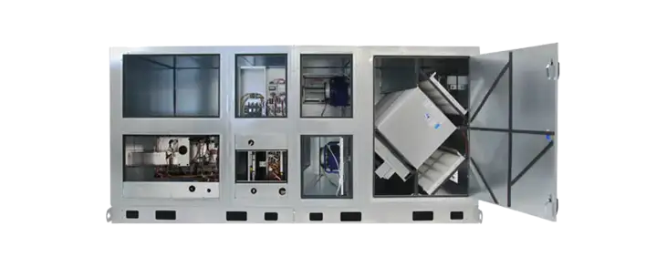 The DN2IN Standard is an indoor-mounted DOAS with energy recovery and airflow from 375–1,650 CFM, designed for commercial indoor applications.