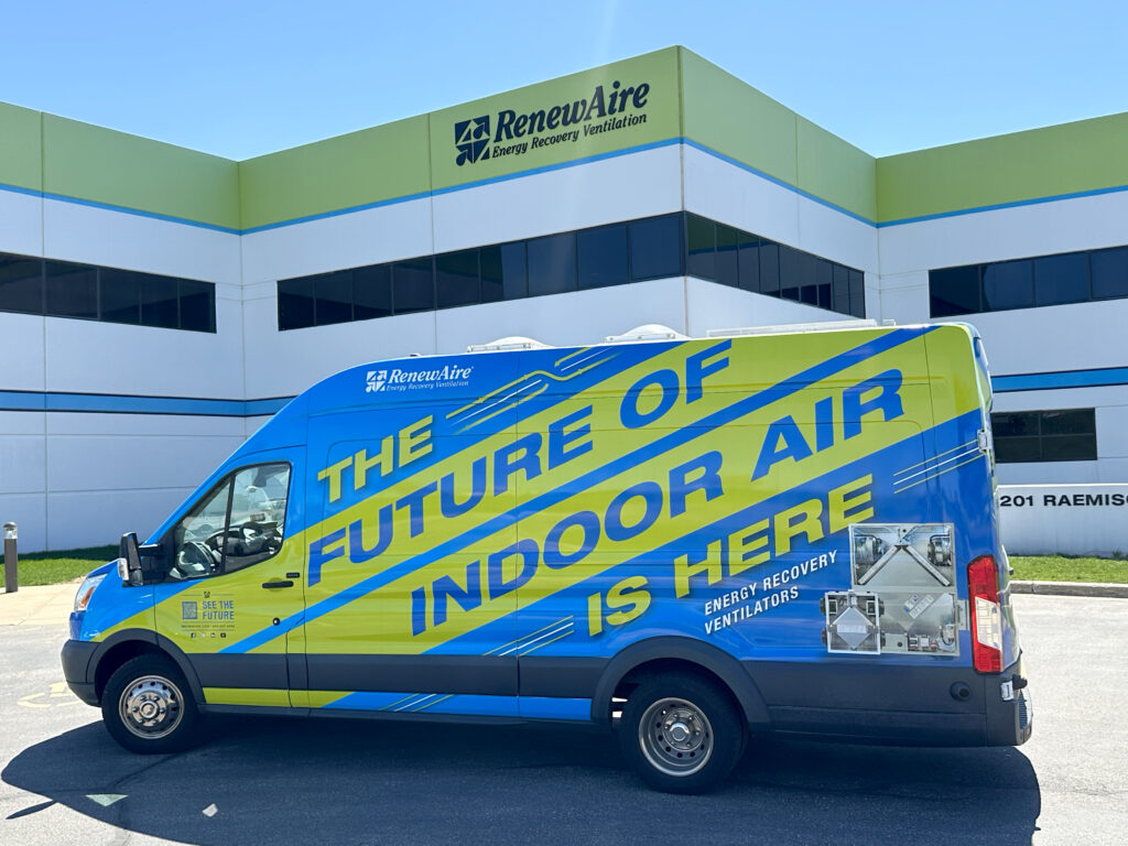 The RenewAire Ventilation Solutions Vehicle (VSV) is a mobile learning center and is equipped with energy recovery ventilators (ERVs).