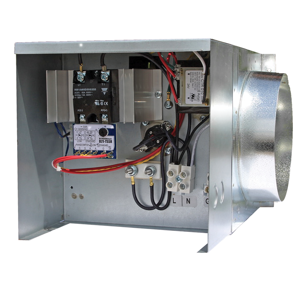 RenewAire RH electric duct heaters are designed to work in tandem with our residential and light commercial energy recovery ventilators (ERVs) to provide for supplemental electric heating. These heaters are installed with 6", 8", 10" and/or 12" round ductwork, and they vary in kW sizes and single-phase electric power offerings.