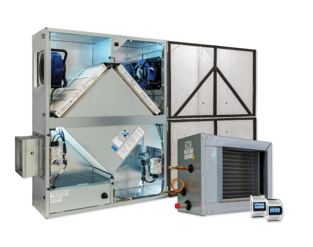 RenewAire has a wide product line that features items like energy recovery ventilators (ERVs), dedicated outdoor air systems (DOAS), dampers, integrated programmable controls, and heaters.