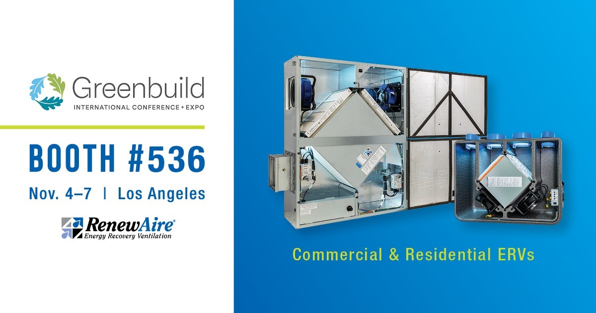 Meta Descripción: Visita RenewAire en Greenbuild 2025 (4-7 de noviembre, Centro de Convenciones de Los Ángeles). Descubre el Aeri™ MT ERV y habla de las estrategias Net Zero, Passive House e IAQ en el stand nº 536.
