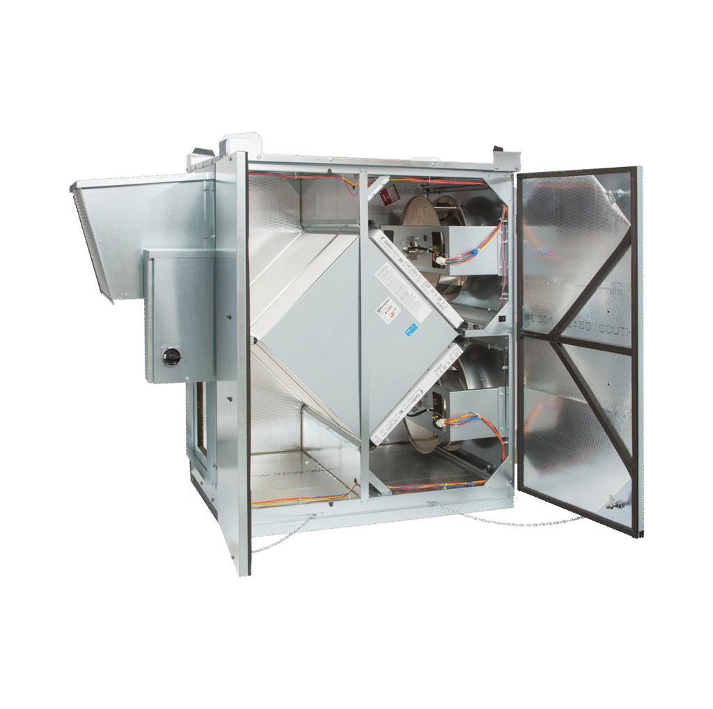 RenewAire HE1.5XRT ERV avec technologie de vitesse variable pour une ventilation de toit à haut rendement dans les écoles, les bureaux, les commerces et les cliniques.