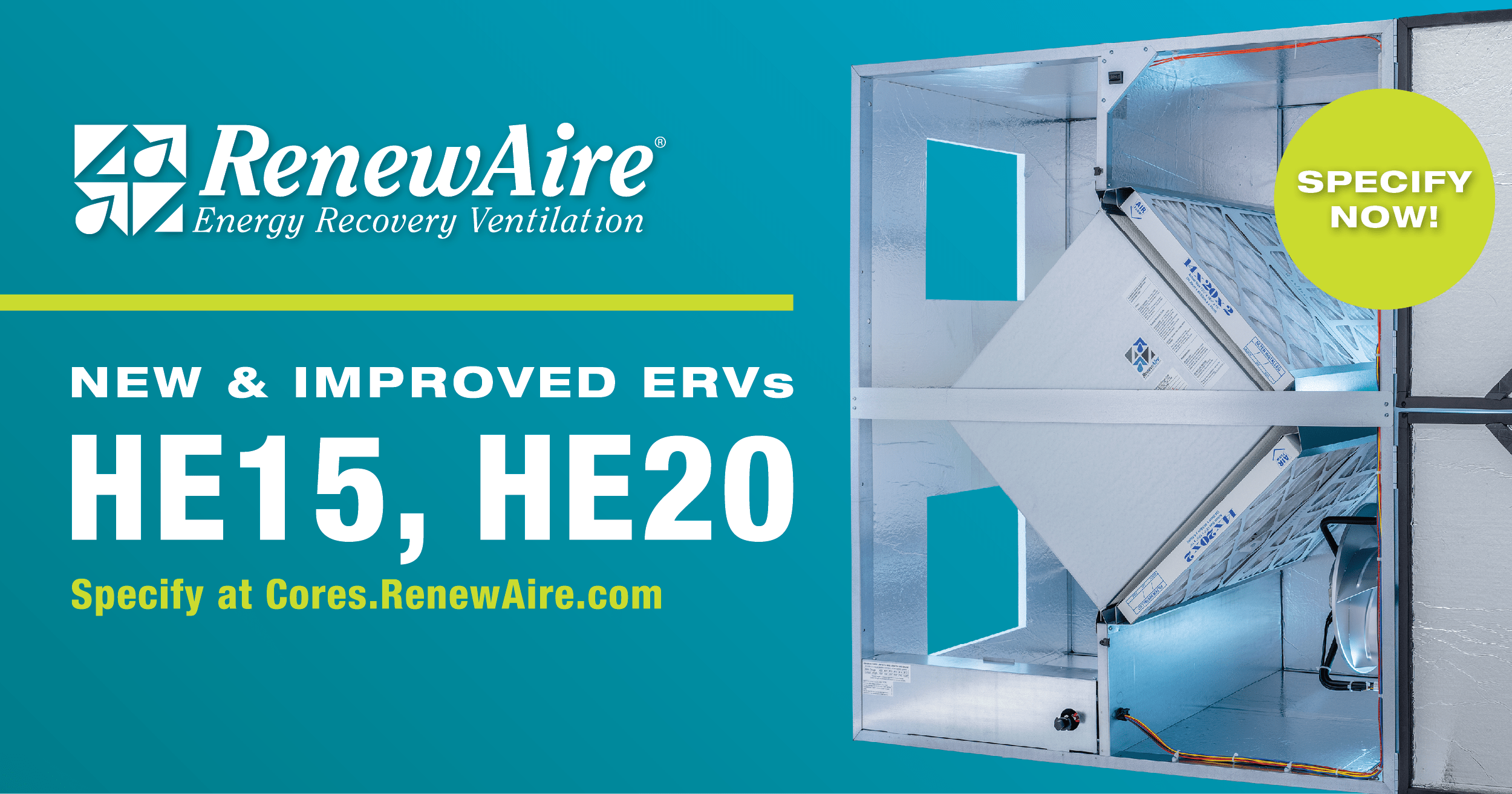 New RenewAire HE15/HE20 commercial ERVs (up to 2,200 CFM) with EC motors, factory-installed bypass economizer, and enhanced performance.