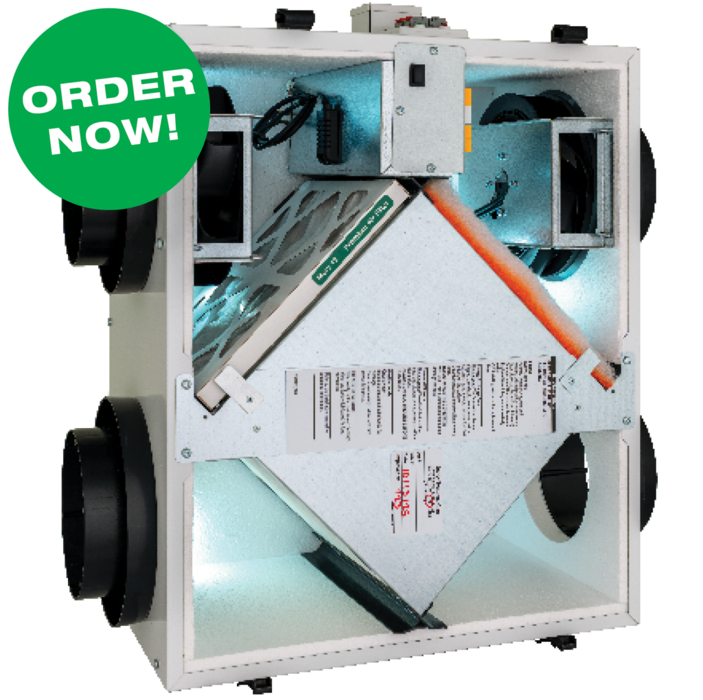 The RenewAire EV Premium+ S energy recovery ventilator (ERV) is designed for residential spaces. This ERV has an airflow range of 30–130 CFM.