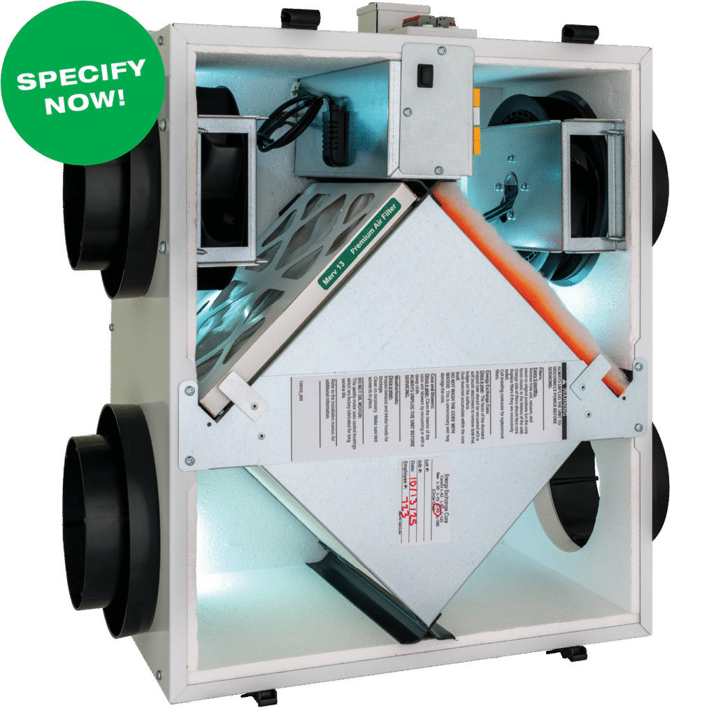 The RenewAire EV Premium+ S energy recovery ventilator (ERV) is designed for residential spaces. This ERV has an airflow range of 30–130 CFM.