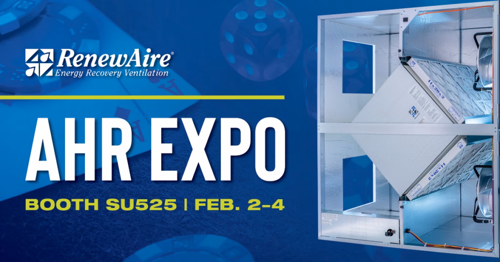 RenewAire AHR Expo 2026 promotional graphic featuring casino dice and an ERV unit. Includes text: AHR EXPO, BOOTH SU525, FEB. 2-4.