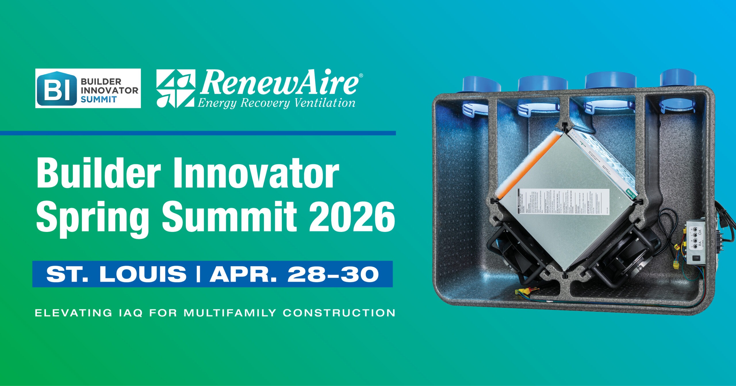 Imagen destacada de la Cumbre de Primavera del Constructor Innovador 2026 en San Luis. El gráfico muestra el RenewAire Aeri™ MT, un ERV fácil de instalar y de instalar por el contratista, diseñado para aplicaciones multifamiliares y comerciales ligeras.