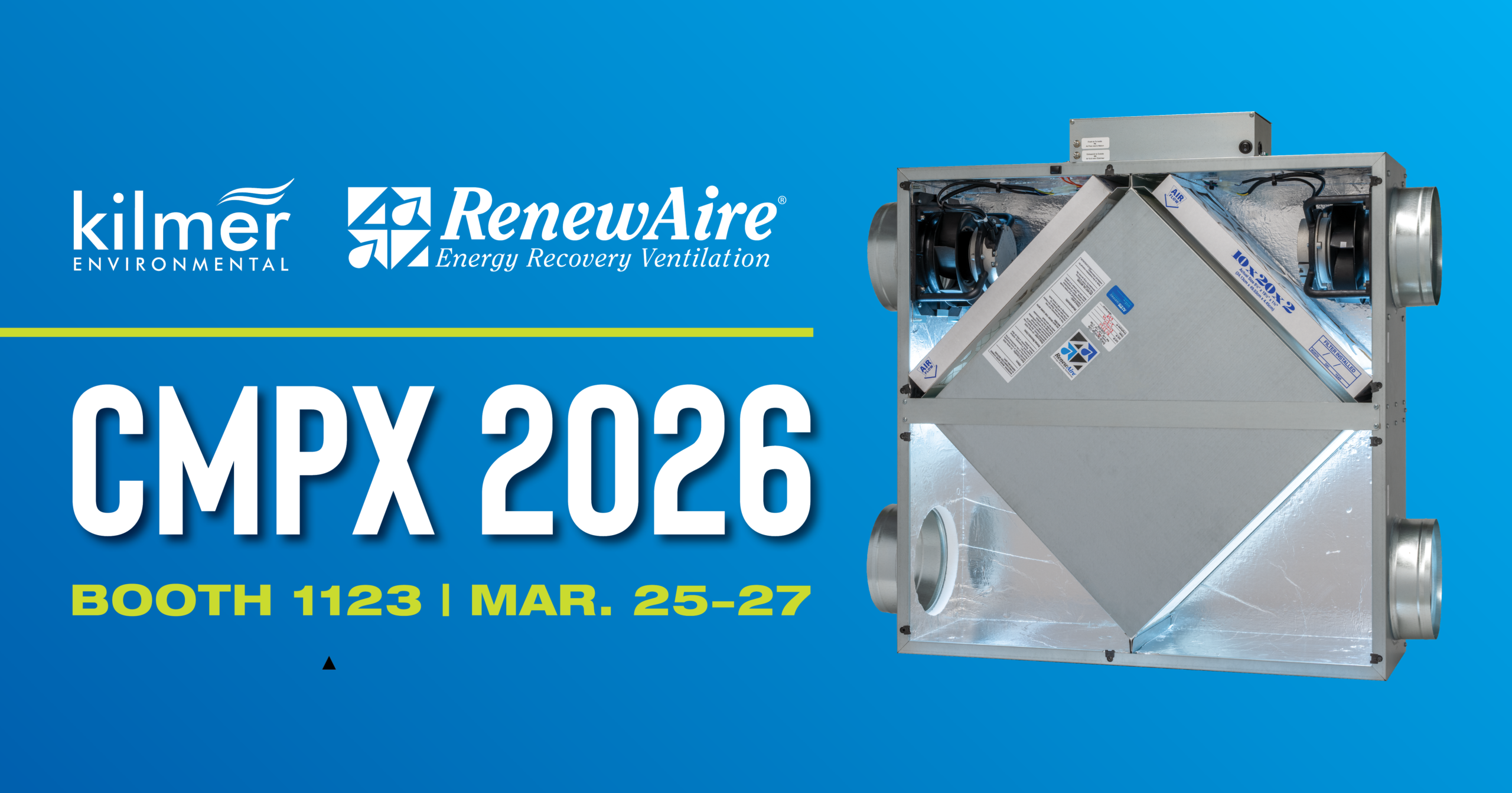 Join RenewAire at CMPX 2026 in Toronto! Visit Booth 1123 (Kilmer Environmental) to see the award-winning HE05 low-profile ERV and learn about high-efficiency IAQ.