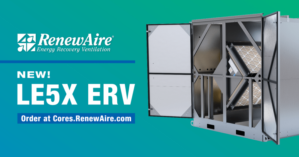 RenewAire LE5X commercial ERV unit for indoor or outdoor installation featuring five static-plate enthalpy cores and 1,250 to 6,600 CFM capacity.