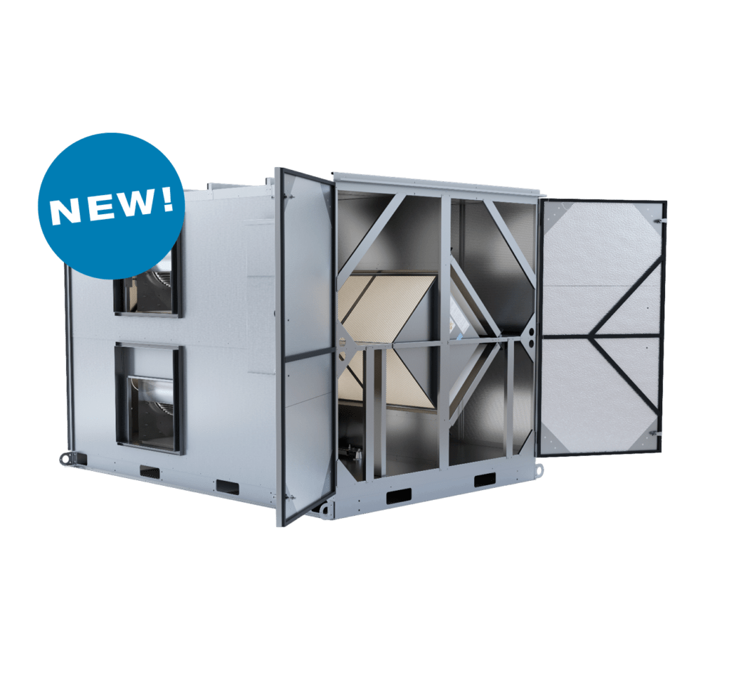 The RenewAire LE5XIN energy recovery ventilator (ERV) series is designed for commercial applications and has a CFM range of 1,250–5,500. It provides the optimal solution for universities, office buildings, commercial warehouses, clinics, hospitals, and retail spaces.