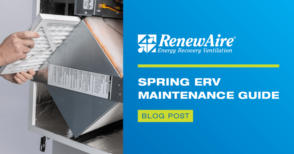 Four-step RenewAire ERV maintenance process: changing MERV 13 filters, cleaning the energy recovery core, inspecting motors, and sealing duct connections to ensure peak IAQ efficiency