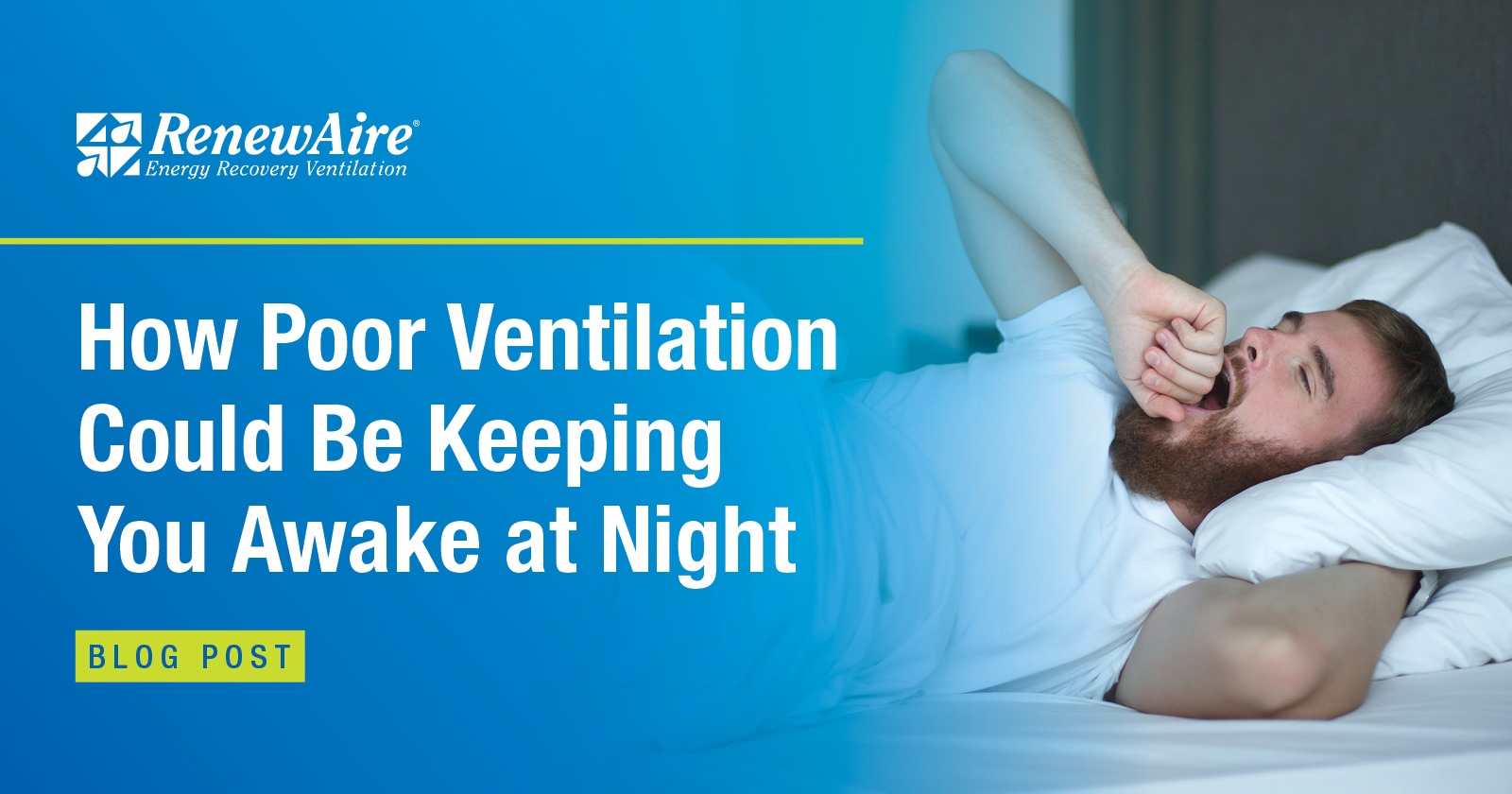 A person sleeping soundly in a clean bedroom, illustrating how RenewAire ERV systems improve sleep quality by providing fresh, filtered outdoor air and reducing indoor air pollutants.