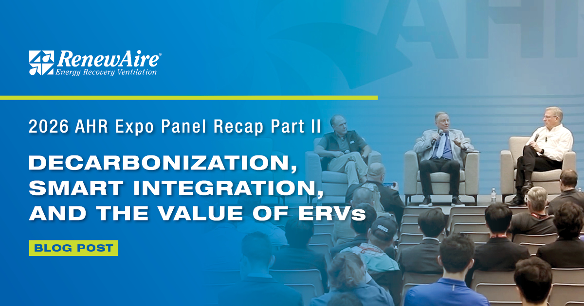 RenewAire 2026 AHR Expo panel graphic discussing how energy recovery ventilators impact BMS integration and decarbonization
