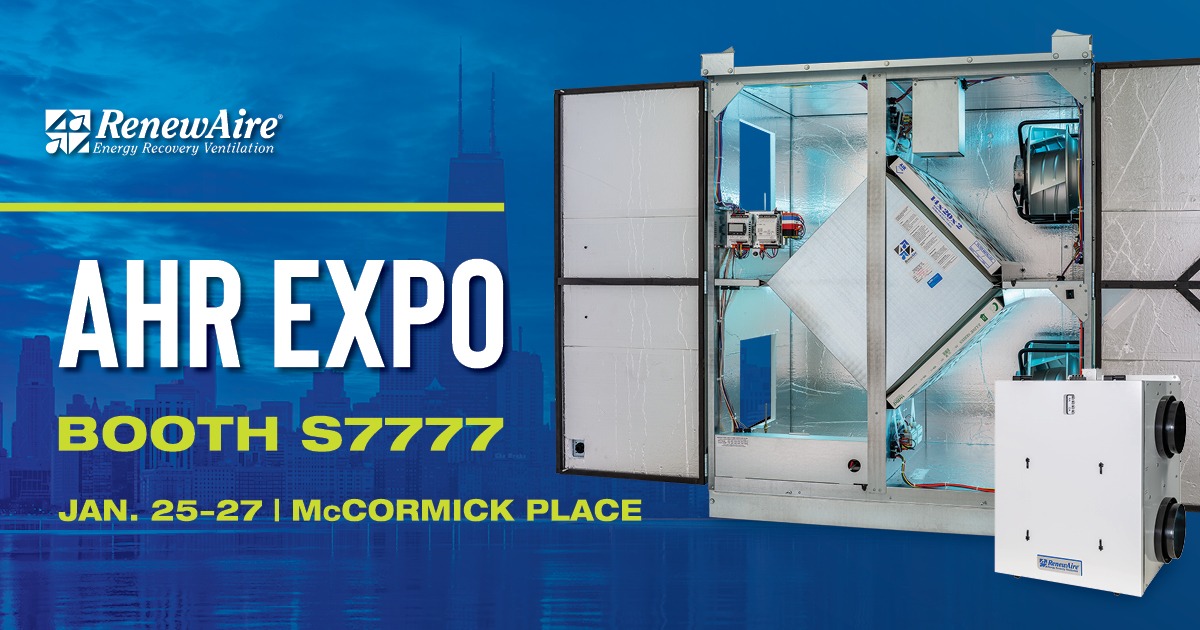 RenewAire is returning to the AHR Expo in Chicago to showcase our latest innovations in energy recovery ventilators (ERVs) and indoor air quality (IAQ) solutions. Visit Booth #S7777 and meet with our product managers, engineers, and sales team, view live ERV demonstrations, and discover how our energy recovery technology can help address building performance and decarbonization efforts in every climate.