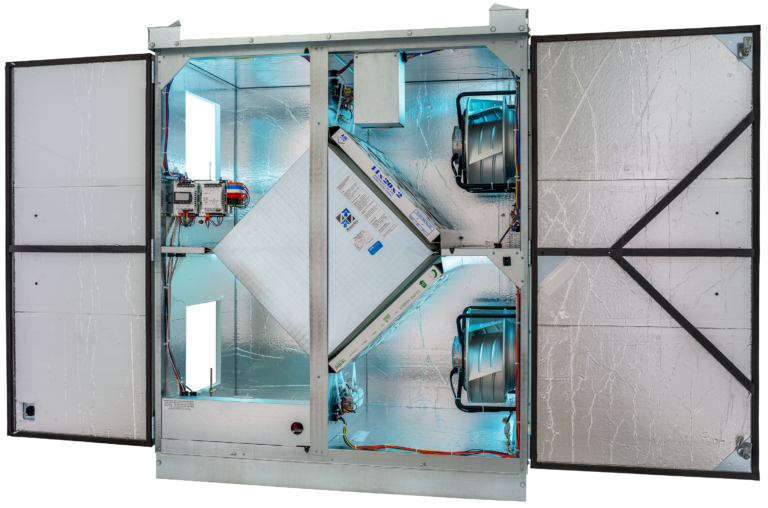 RenewAire energy recovery ventilator with electric preheat and open access panels, featured in AHR Expo energy recovery ventilation solutions at the 2027 HVAC convention.